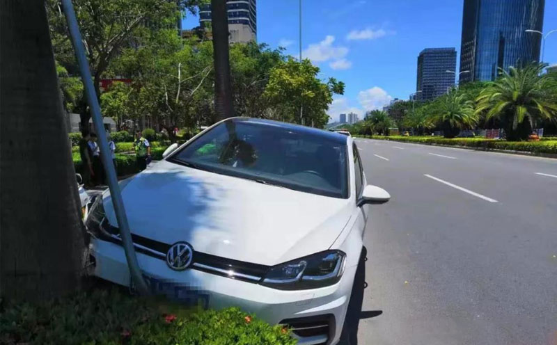 车辆左前角与道路中间绿化发生碰撞